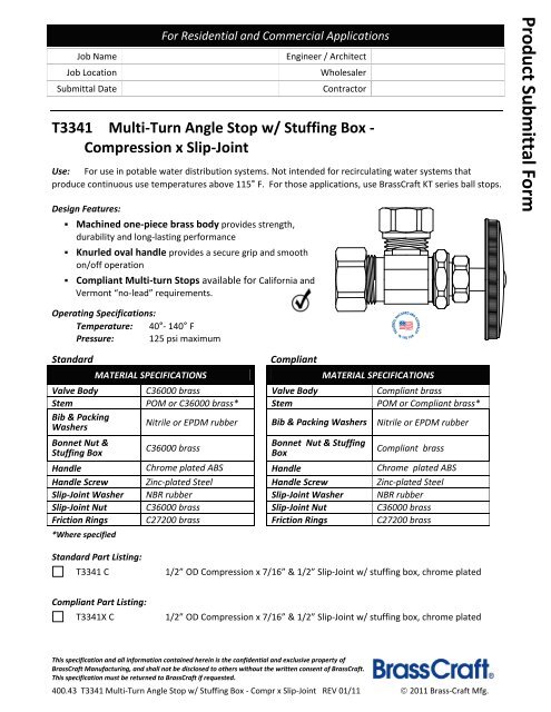 400.43 T3341 Multi-Turn Angle Stop w/ Stuffing Box ... - Brass Craft