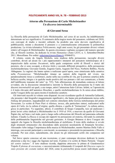Recensione di Giovanni Sessa - Politicamente.Net