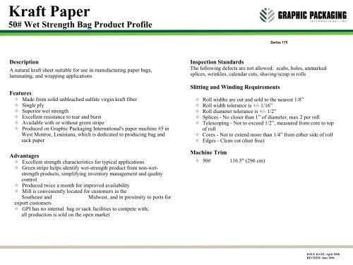 Kraft Paper 50# Wet Strength Bag Specifications - Graphic Packaging