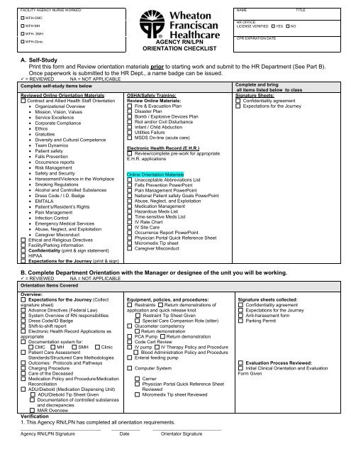 Nursing orientation checklist - Wheaton Franciscan Healthcare