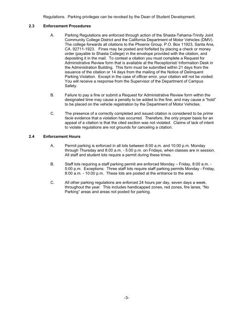 PARKING AND TRAFFIC REGULATIONS - Shasta College