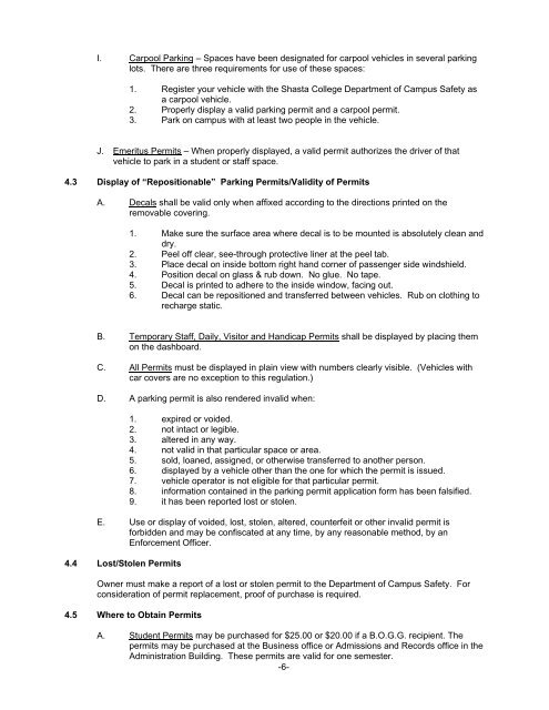 PARKING AND TRAFFIC REGULATIONS - Shasta College