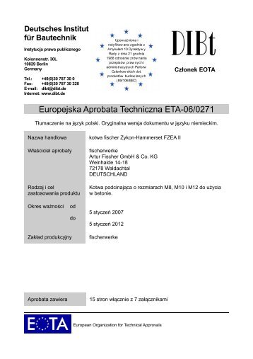 Europejska Aprobata Techniczna ETA-06/0271 - Fischer