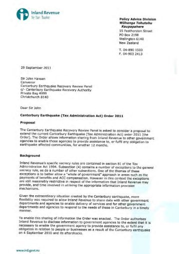 Letter to Review Panel from the Department of Inland Revenue