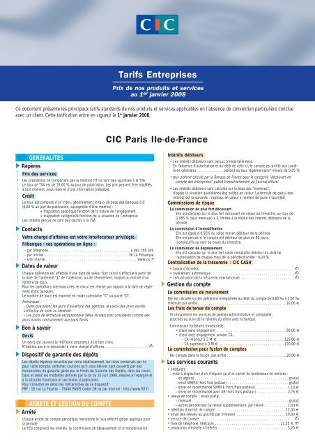 Tarifs Entreprises CIC Paris Ile-de-France