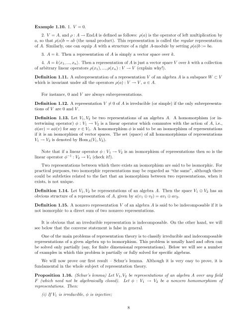 Lecture notes for Introduction to Representation Theory