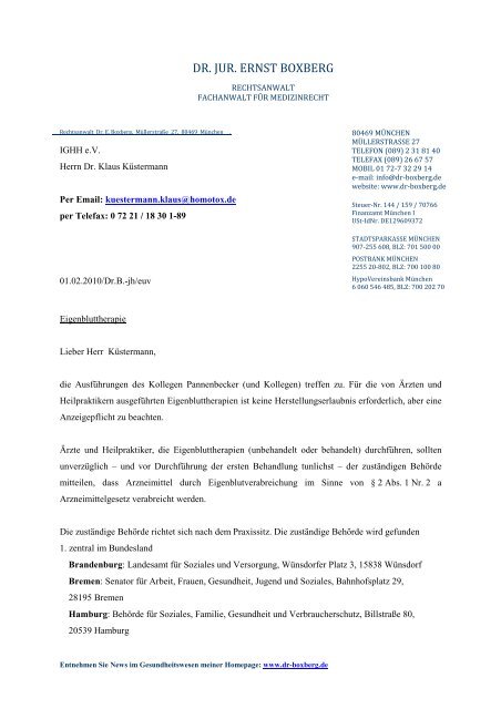 Brief von Rechtsanwalt Dr. Boxberg an Dr. Klaus