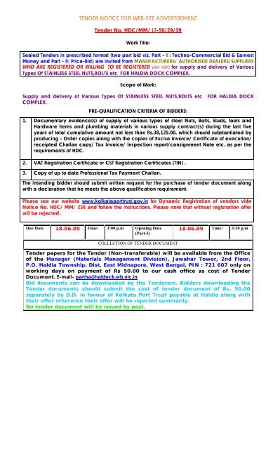 TENDER NOTICE FOR WEB-SITE ADVERTISEMENT Tender No ...