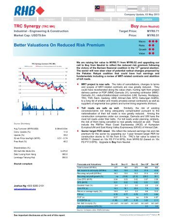 TRC Synergy (TRC MK) Better Valuations On Reduced Risk Premium