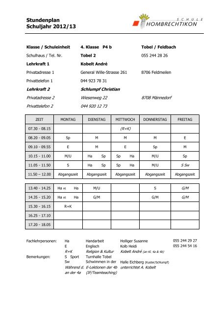 Stundenplan Schuljahr 2012/13 - Schule Hombrechtikon