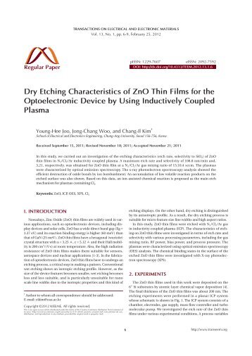 Dry Etching Characteristics of ZnO Thin Films for the Optoelectronic ...