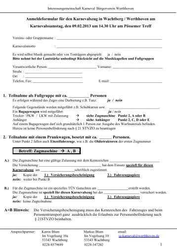 1 Anmeldeformular fÃ¼r den Karnevalszug in Wachtberg ...