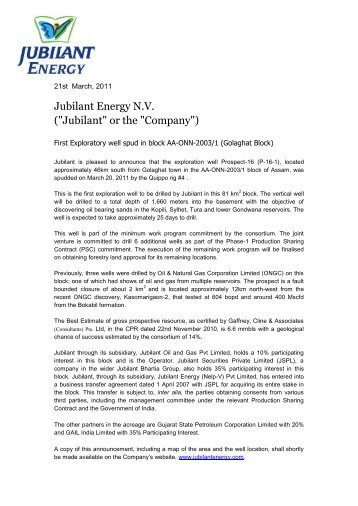 "Jubilant" or the "Company" - Jubilant Bhartia Group