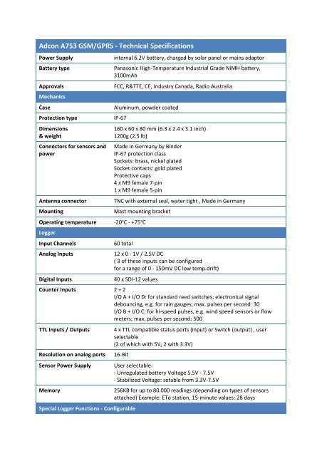 Adcon A753 GSM/GPRS - Technical Specifications - RS Hydro