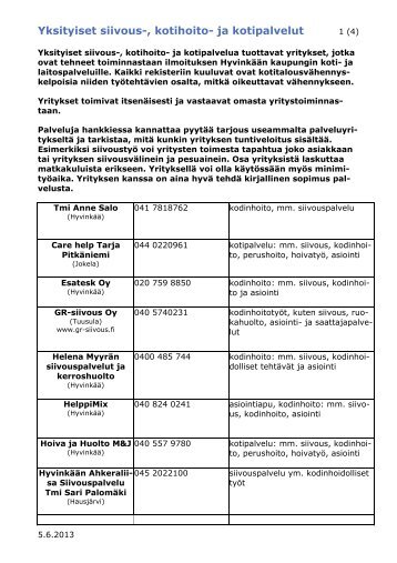 Yksityiset siivous-, kotihoito- ja kotipalvelut