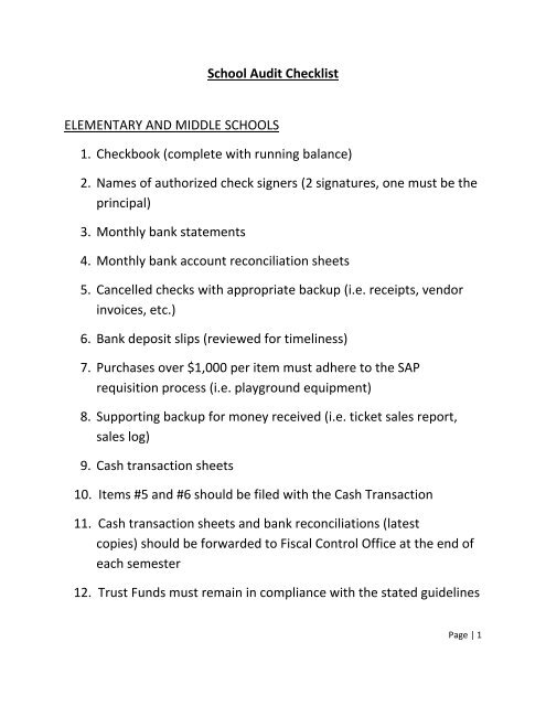 School Audit Checklist ELEMENTARY AND MIDDLE SCHOOLS 1 ...