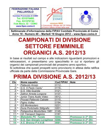 CAMPIONATI DI DIVISIONE SETTORE FEMMINILE ... - FIPAV Como