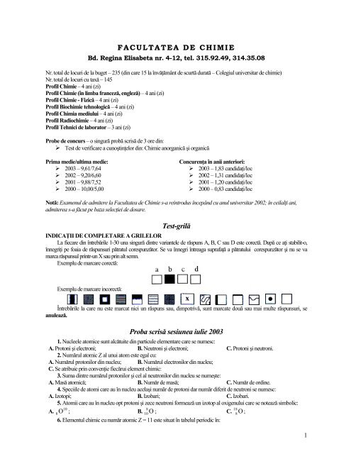 FACULTATEA DE CHIMIE Test-grilÄƒ Proba scrisÄƒ sesiunea ... - CIOCP