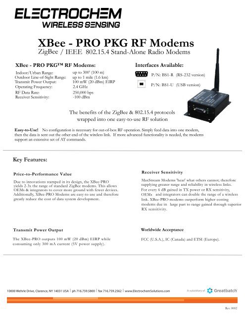 XBee - PRO PKG RF Modems - Electrochem Solutions