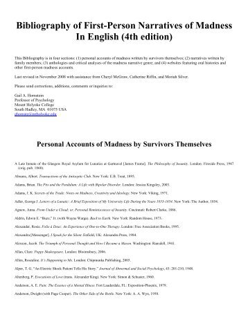 Bibliography of First-Person Narratives of Madness In English (4th ...