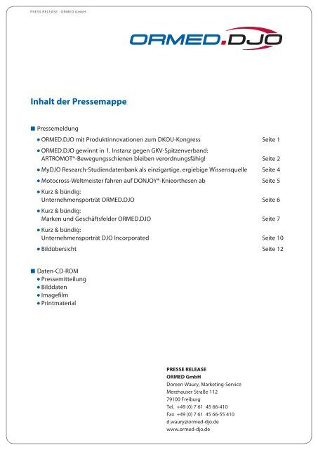 Pressemappe zum DKOU, Oktober 2009 - DJO Global