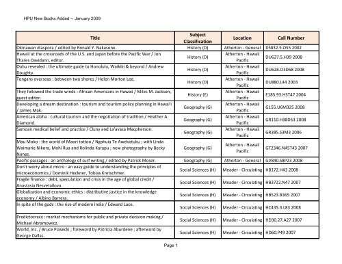 Title Subject Classification Location Call Number - Hawaii Pacific ...