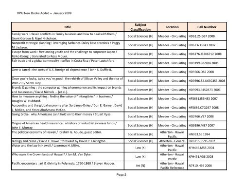 Title Subject Classification Location Call Number - Hawaii Pacific ...