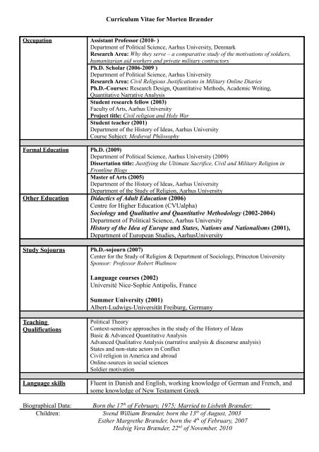 Curriculum Vitae for Morten BrÃ¦nder Other Education Didactics of ...