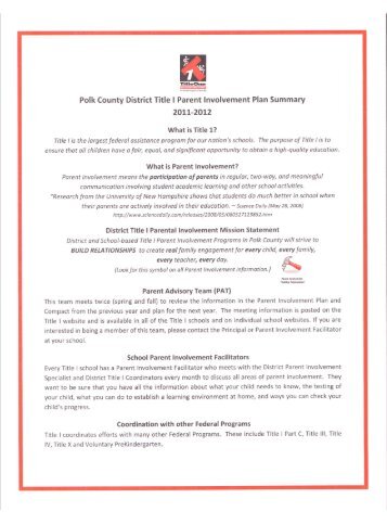 Polk County District Title I Parent Involvement Plan Summary