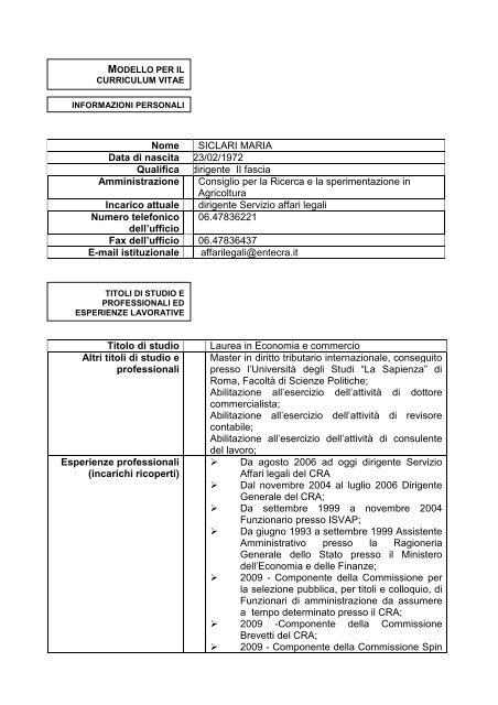 Nome SICLARI MARIA Data di nascita 23/02/1972 Qualifica ... - Cra