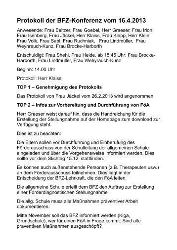 Protokoll der BFZ-Konferenz vom 16.4.2013 - Alfred-Wegener-Schule
