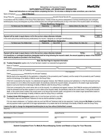 Met Life Life Insurance Beneficiary Form (PDF)