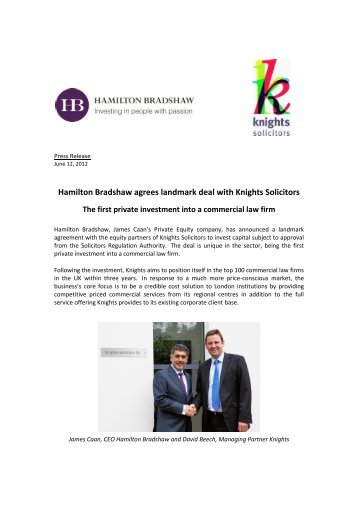 Hamilton Bradshaw agree an investment with Knights ... - James Caan