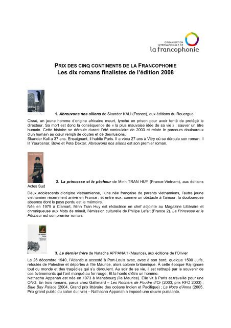 PrÃ©sentation des 10 romans finalistes du Prix des 5 continents de la ...