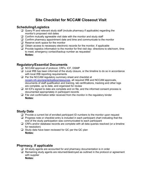 Sidte Checklist for NCCAM Closeout Visit
