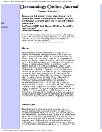 Tazarotene 0.1 percent cream plus clindamycin 1 percent gel versus ...