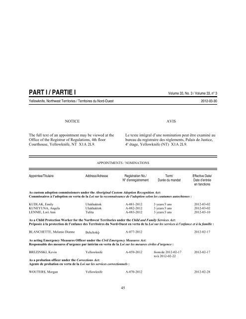 part i / partie i - Department of Justice - Government of the Northwest ...