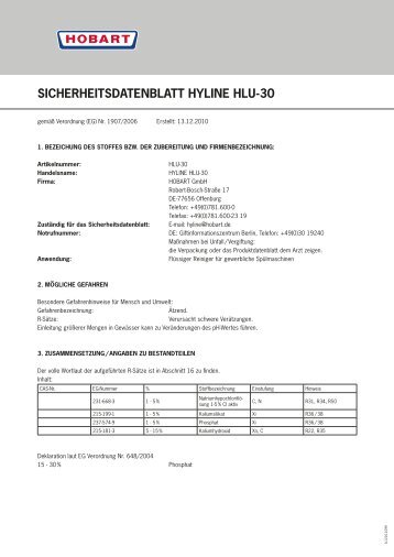 SICHERHEITSDATENBLATT HYLINE HLU-30 - HOBART GmbH