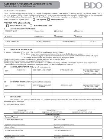 form debit psbank auto of  Form Assignment BDO Deed