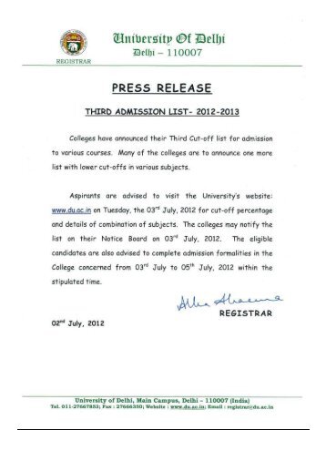 2012 - Third cutoffs for Science (B.Sc) Colleges in Delhi University