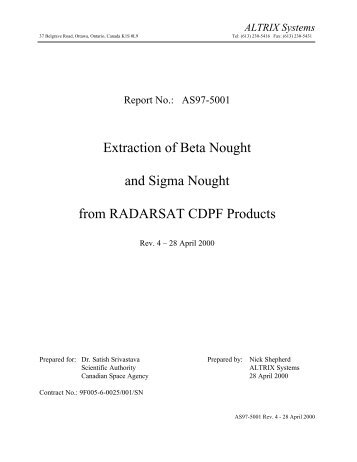 Extraction of Beta Nought and Sigma Nought from RADARSAT ...