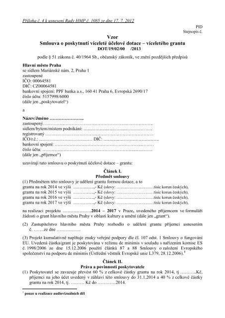 Vzor Smlouva o poskytnutÃƒÂ­ vÃƒÂ­celetÃƒÂ© ÃƒÂºÃ„ÂelovÃƒÂ© dotace ... - Praha.eu