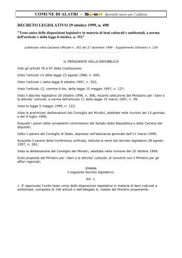 Decreto Legislativo 29 ottobre 1999, n.490 - Comune di Alatri