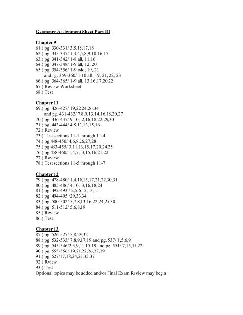 Geometry Assignment Sheet Part II