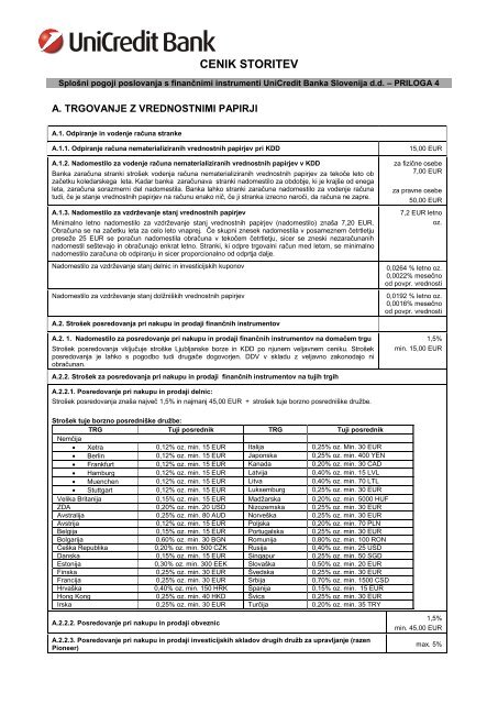 Cenik storitev - UniCredit Banka Slovenija dd