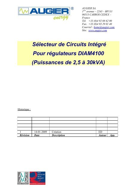 SÃ©lecteur de Circuits IntÃ©grÃ© Pour rÃ©gulateurs DIAM4100 ... - Augier