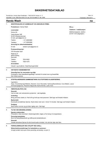 SIKKERHETSDATABLAD no Handy Wash - NOA Maskin AS