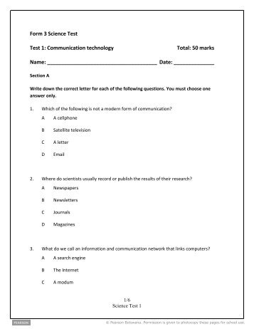 Form 3 Science Test Test 1: Communication technology ... - Pearson