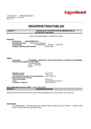 SIKKERHETSDATABLAD - NOA Maskin AS