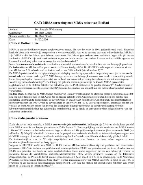 CAT: MRSA screening met MRSA select van BioRad - UZ Leuven